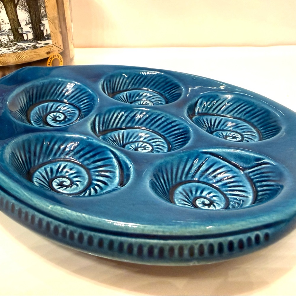 Vintage Ceramic Escargot Plates – Made in Japan – Blue Shell Design – Set of 2